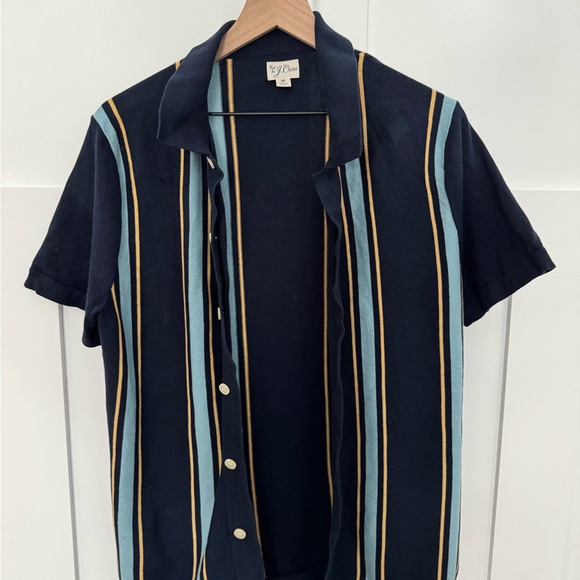 J.Crew Short-Sleeve Cotton Cardigan Sweater-Polo in Navy Stripe - Picture 2 of 2